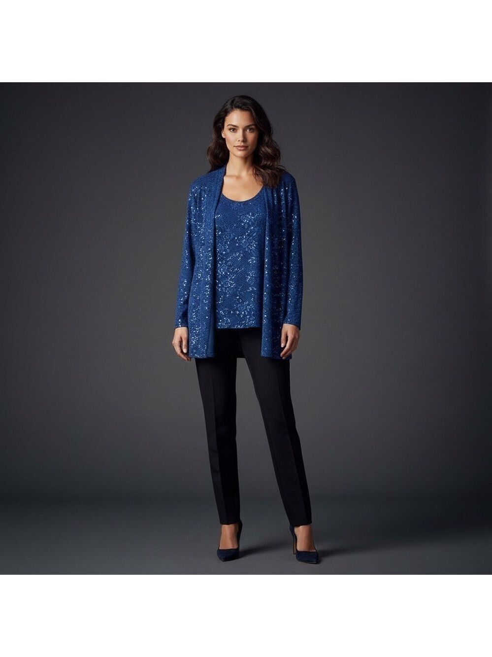 Plus Size 3X/24W Tradition Sears Blue Floral Sequined Cardigan with Tank Top
